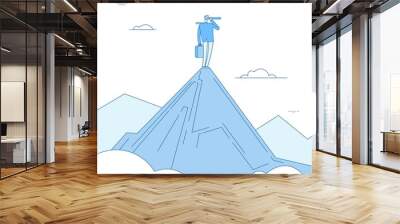 Vision concept. Businessman standing on mountain peak looking with spyglass. Motivation successful future business vector concept. Business vision in future, man with spyglass illustration Wall mural