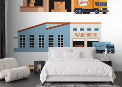 warehouse building, industrial construction and factory storage vector icons Wall mural