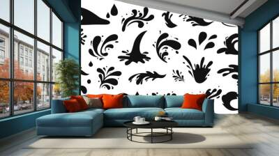 Water drops, black sea ocean waves stencil. Liquid elements, cry droplet icons vector set. Ink, sauce, river isolated splashes Wall mural