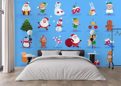 Winter characters. Cartoon santa, elves and winter christmas animals, snowman and kids. Winter christmas holiday vector set. Character christmas, santa and animal, xmas deer and gift illustration Wall mural