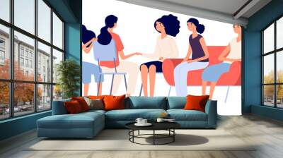 Woman club. Group psychotherapy, flat female characters together. Emotional support, friendship or family. Isolated psychologist consulting girls vector illustration. Psychological support woman Wall mural