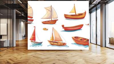 Wooden boats and yachts. Cartoon tiny ships, isolated sailboat with white sails. Sea travel or ocean adventures, lake transport vector set Wall mural