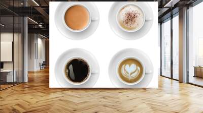 3d realistic different sorts of coffee in white cups view from the top and side. Cappuccino latte americano espresso cocoa in realistic cups. Wall mural