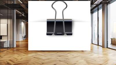 Binder clip for paper design. Realistic metallic black paper clip with shadow from a sheet of paper. Wall mural