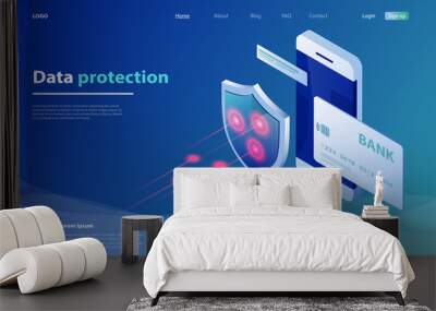 Concepts mobile payments. Data protection with Smartphone and shield. Credit card check and software access data as confidential. Wall mural