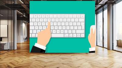 flat hands typing on white keyboard with mouse Wall mural