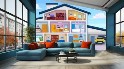 A cut view of a three-story house. The interior design of a modern suburban home with a garage, kitchen, living room, attic, and bathroom in a cross sectional view. Cartoon vector illustration. Wall mural