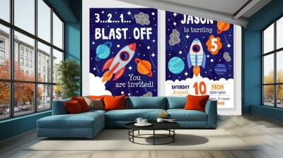 Bright cosmic space party invitation template vector illustration. Blast off flat style. Costume fun party. You invited. Happy birthday concept. Isolated on grey background Wall mural