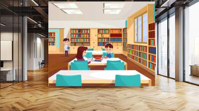 Cartoon-style vector illustration of a group of kids during storytime in a library or bookstore. A bookshelf filled with books and a little boy and girl sitting and reading or studying together Wall mural