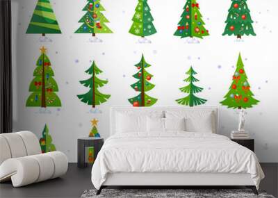 Christmas trees icon set isolated on white background. Cute Christmas trees with toys and snow. New year decorations. Vector ilustration. Wall mural