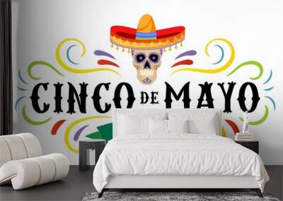 Cinco de mayo vector greeting card with scull, traditional mexican hat and flourish elements. 5 may mexican holiday colorful greeting card. Vector illustration Wall mural