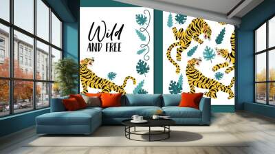 Collection of two parts of card with tigers and handwritten lettering vector illustration. Wild and free text trendy style design. Animals and tropical leaves Wall mural