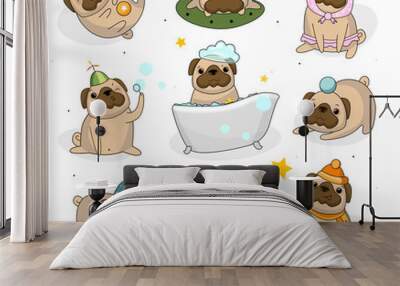 Cute pug dog set. Hand drawn pug stickers isolated on white background. Adorable pet dogs for cards, prints etc. Vector illustration Wall mural