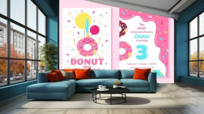 Donut fun party invitation design template vector illustration. Bright card with cake flat style. Happy birthday and festive celebration concept. Isolated on pink background Wall mural