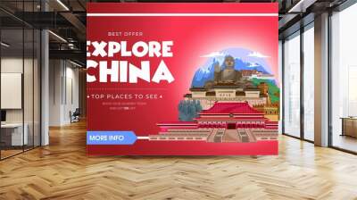 Explore China travel banner design. Asia travel design concept. Vector travel banner. Wall mural