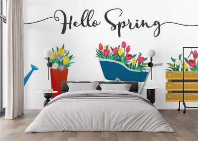 Hello spring cute card with blossoms and lettering vector illustration. Blooming flowers in shoe wooden box and watering can flat style. Greeting template and warm season concept. Isolated on white Wall mural