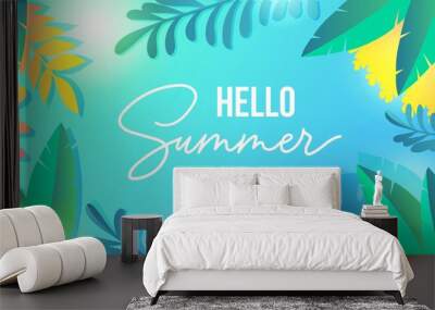 Hello summer colourful banner with tropic leaves vector illustration. Typographical flat style design. White lettering on bright floral background. Summertime season concept Wall mural