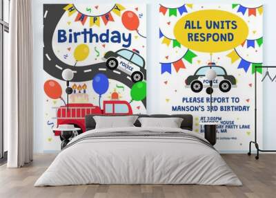 Kids party invitation with police and fire truck design vector illustration. Bright card decoration for celebration flat style. Fun party concept. Isolated on white background Wall mural