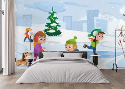 Kids play outside in the winter season. Cartoon-style vector background. Happy children with a dog having fun while snowing in a park: skating, skiing, making a snowman, playing snowball and sledding. Wall mural