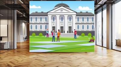 Landscape view of a university with students walking and sitting on the grass at a campus. College or university building in traditional architecture with columns and front yard. Vector illustration. Wall mural