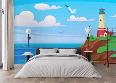 Lighthouse on a sea shore in summer. Landscape view of an ocean beacon on a hill in a bay. Small waves on a rocky beach and seagulls in a blue sky. Cartoon style vector illustration. Wall mural