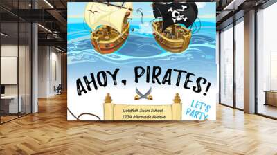 Pirate party cartoon invitation design with pirate ship and sea. Vector design template for poster or invitation. Wall mural