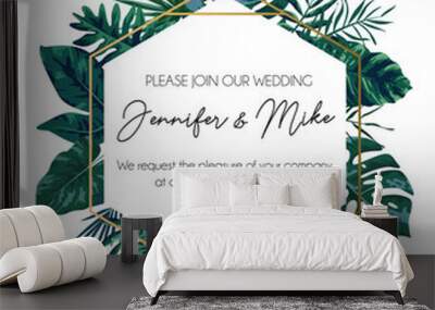 Save our date wedding invitation design. Elegance template for engagement or wedding with gold lines, tropical leaves and white background. Vector illustration. Wall mural