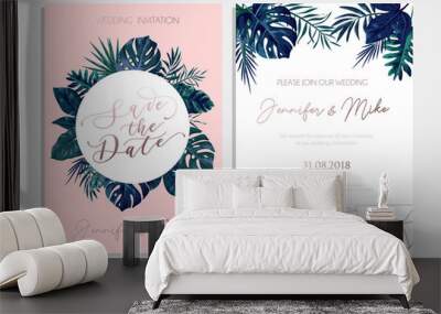 Save the date tropical invitation design. Modern wedding card with tropical leaves and blush pink background. Trendy design for poster or greeting card. Wall mural