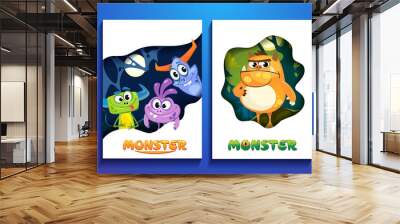 Set of cute colorful monster cards. Cartoon monsters posters for party invitation, copybooks, prints etc. Wall mural