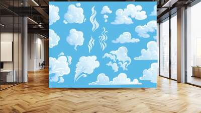 Steam clouds set. White cartoon sky and steam clouds on blue background. Vector illustration Wall mural