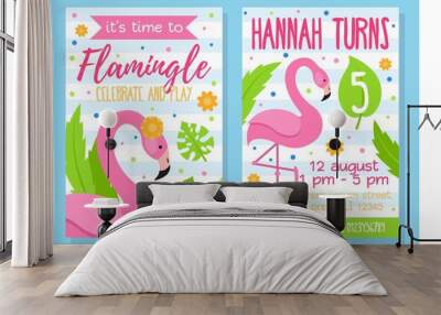 Time to flamingle celebrate and play invitation template vector illustration. Kid turns five flat style. Address information for party. Happy bday concept. Isolated on blue background Wall mural