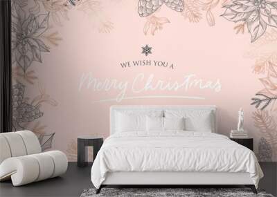 We wish you Merry Christmas and Happy New Year postcard vector illustration. Hand sketched winter greeting card pink and gold. Poster with snowflake, fir and lettering Wall mural