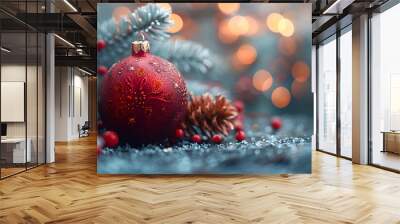 a red ornament with pine cones and beads

 Wall mural