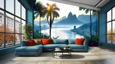 A serene tropical landscape featuring lush palm trees alongside a gently flowing river under a clear blue sky. Wall mural