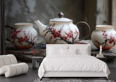 a teapot and two cups with floral design  on a wood surface

 Wall mural