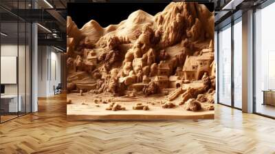 detailed diorama of a whimsical fantasy landscape carved from smooth, light-colored sand, featuring intricately shaped mountains in the background and a charming medieval village in the foreground Wall mural