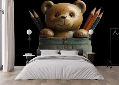 mall figurine of a teddy bear sitting in a blue pot.  Wall mural