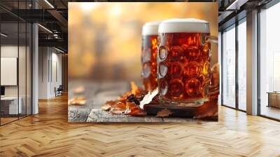 Two frosty beer mugs filled with amber-colored beer, sitting on a rustic wooden table strewn with vibrant autumn leaves.  Wall mural