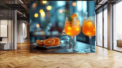 two glasses of orange juice and orange slices on a table.

 Wall mural