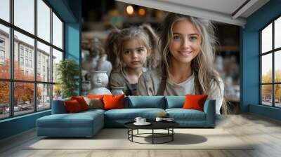 Two young girls are seated in a pottery studio, engaged in crafting and shaping clay with focused expressions. Wall mural