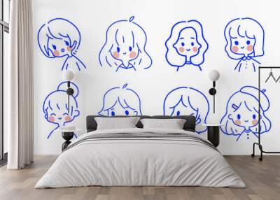 Set of trendy blue outline hand drawn portraits Wall mural