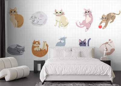 Set of trendy cats for decoration. Playing, sleeping, sitting cats. Wall mural