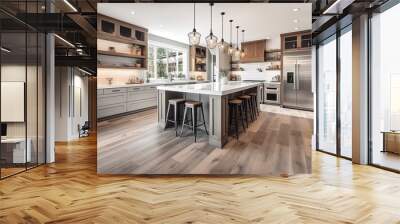 Beautiful kitchen in new luxury home with waterfall island, quartz counter tops, farmhouse sink, and hardwood floors. Generative AI Wall mural