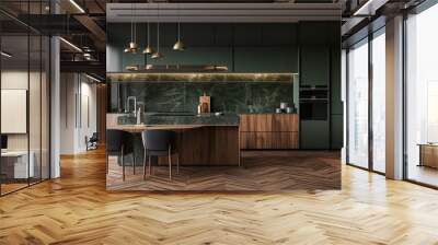 Modern interior design of minimalist wooden and dark green kitchen with island, black marble backsplash, dining table and chairs Wall mural