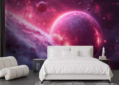 small tiny dark planet with a neon pink planetary ring black background, sci-fi background, asteroids, bokeh Wall mural