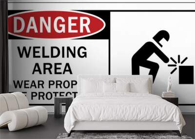 Welding hazard sign and labels welding area. Wear proper eye protection Wall mural