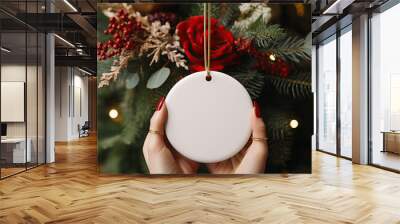 Round Flat White Ceramic Holiday Ornament Christmas Mockup with Red Florals and Green Pine Branches Wall mural