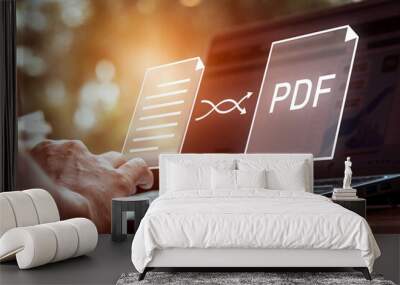 Convert PDF files with online programs. Users convert document files on a platform using an internet connection at desks. concept of technology transforms documents into portable document formats. Wall mural