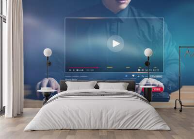 Modern multimedia technology concept. video content creation online streaming Popular internet video, video maker, monetization, social media. Men browse virtual window list of videos uploaded online. Wall mural