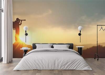 vision for success ideas. businessman's perspective for future planning. silhouette of man holding b Wall mural